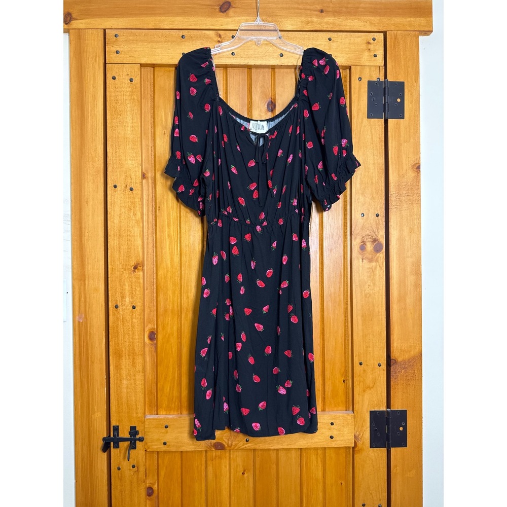 Just Found Strawberry Print Mini Dress Black Pink Plus‎ Size Puff Sleeve 2X NWT